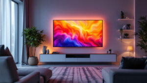 A photograph of a modern living room showcasing a sleek led tv with vibrant colors displayed on the screen
