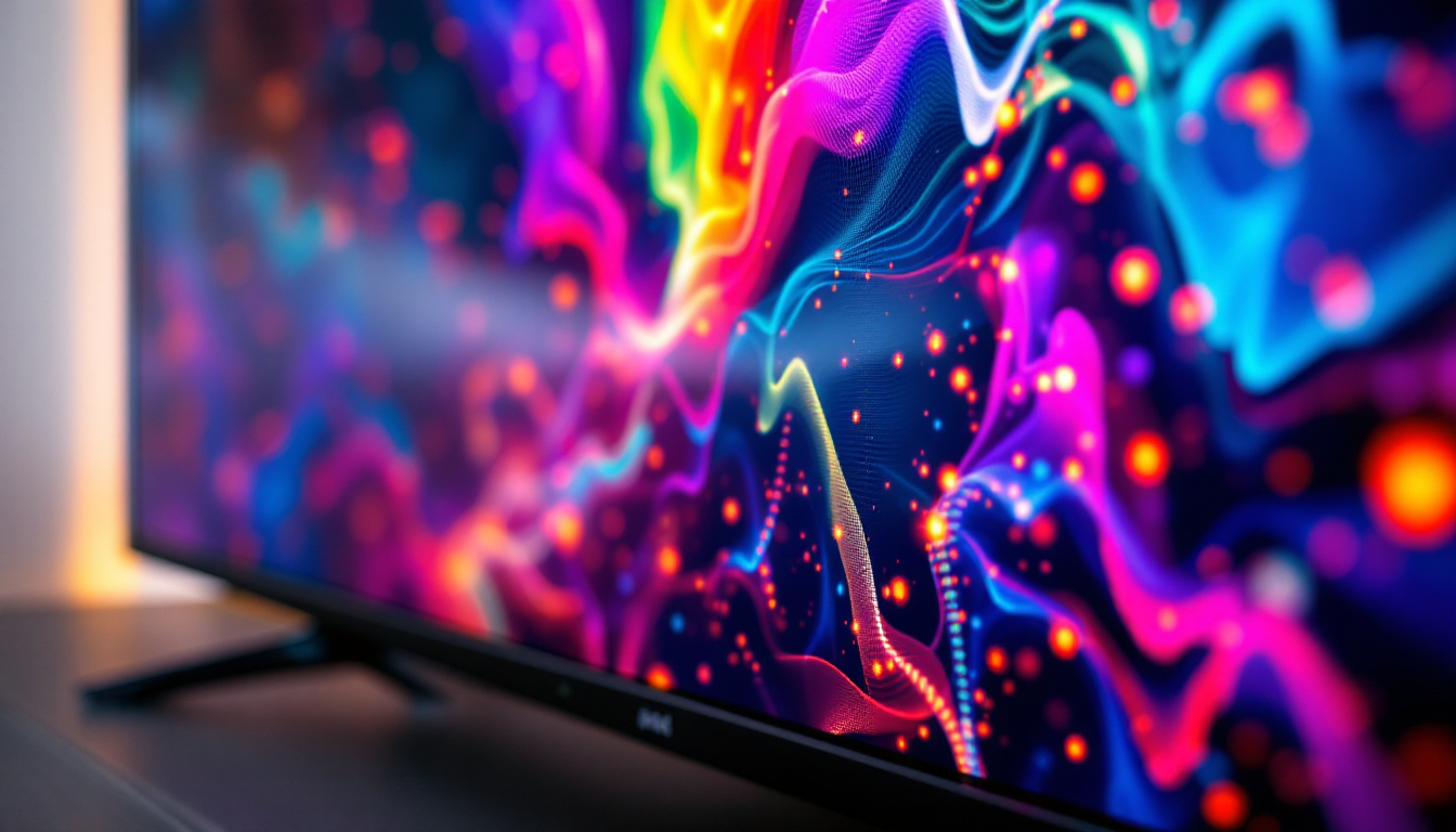 A photograph of a close-up view of a plasma tv screen displaying vibrant colors and dynamic imagery