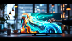 A photograph of a sleek portable monitor with a vibrant led touch screen