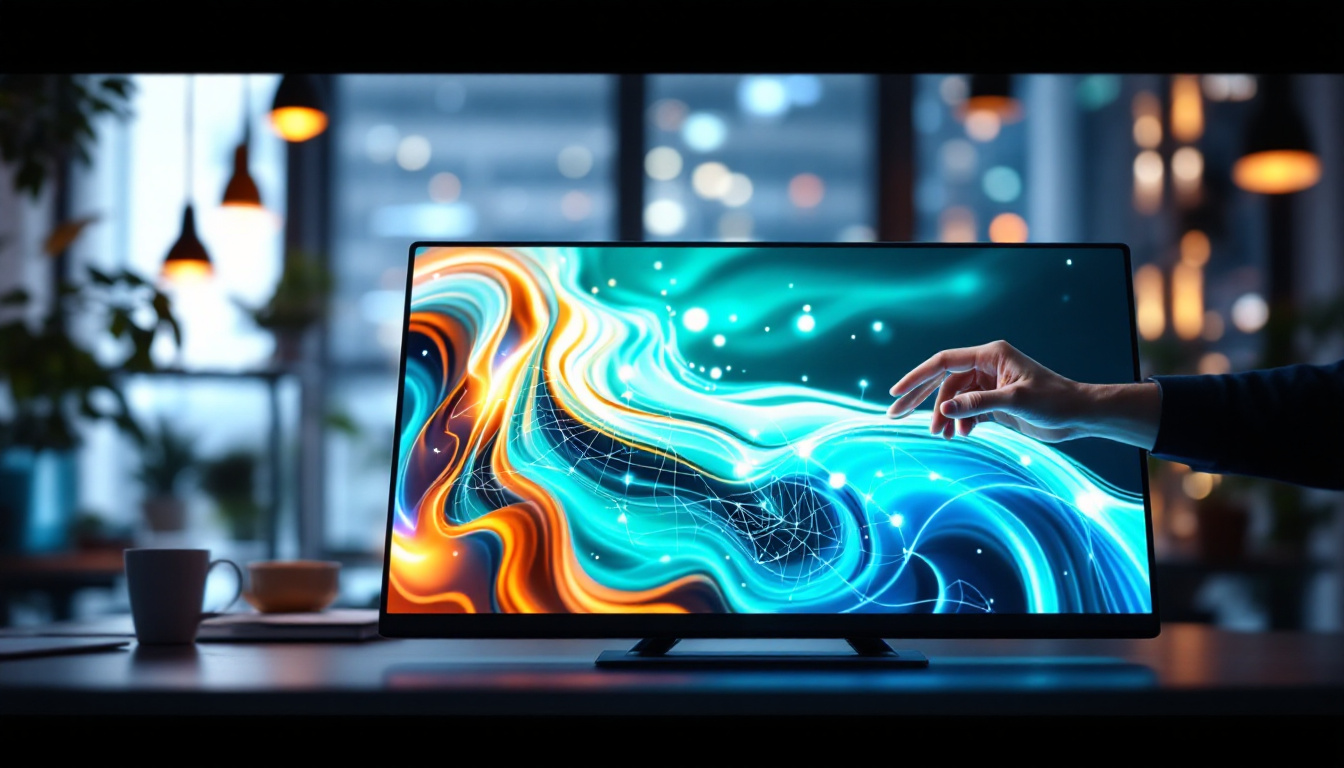 A photograph of a sleek portable monitor with a vibrant led touch screen