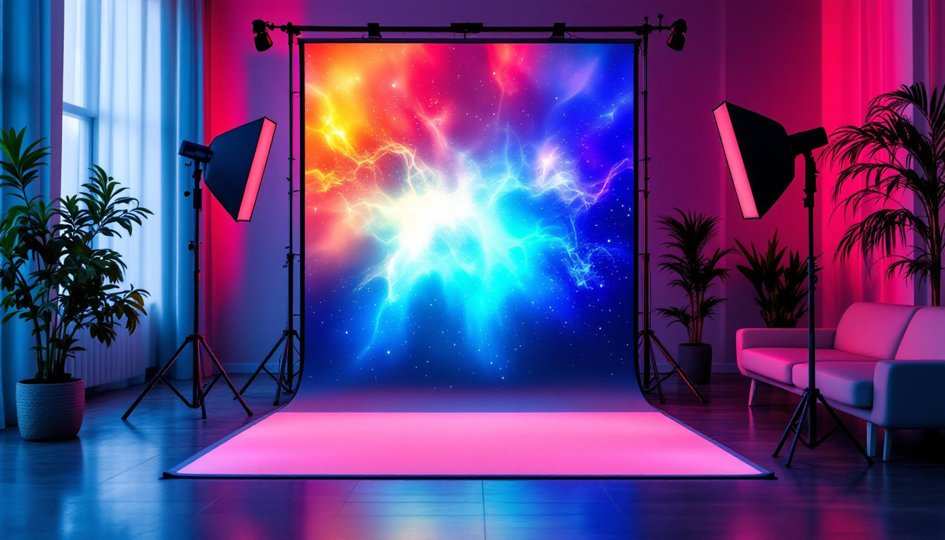 A photograph of a portable backdrop stand set up in a vibrant setting