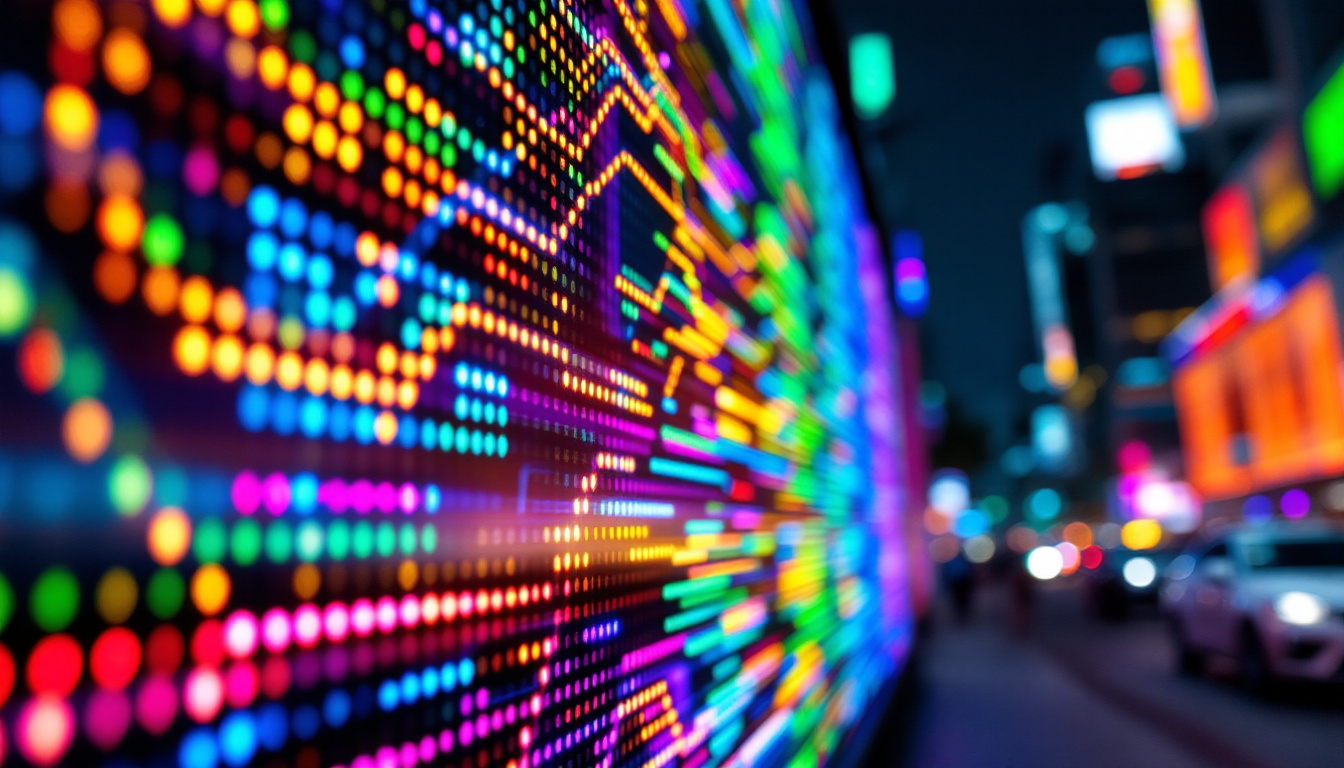 A photograph of a vibrant led display showcasing a variety of colors and patterns