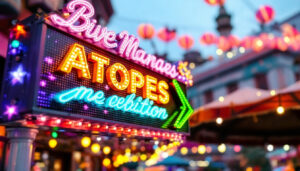 A photograph of capture a photograph of a vibrant outdoor marquee sign featuring a dynamic led display