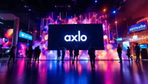 A photograph of a vibrant led wall display showcasing an eye-catching logo in a dynamic setting