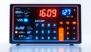 A photograph of a large display calculator with a bright
