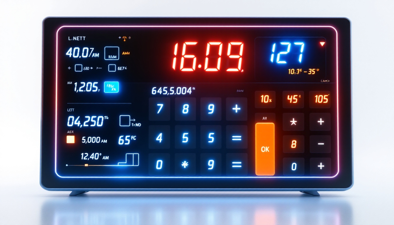 A photograph of a large display calculator with a bright