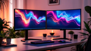 A photograph of capture a photograph of a sleek dual-monitor stand setup featuring vibrant led displays