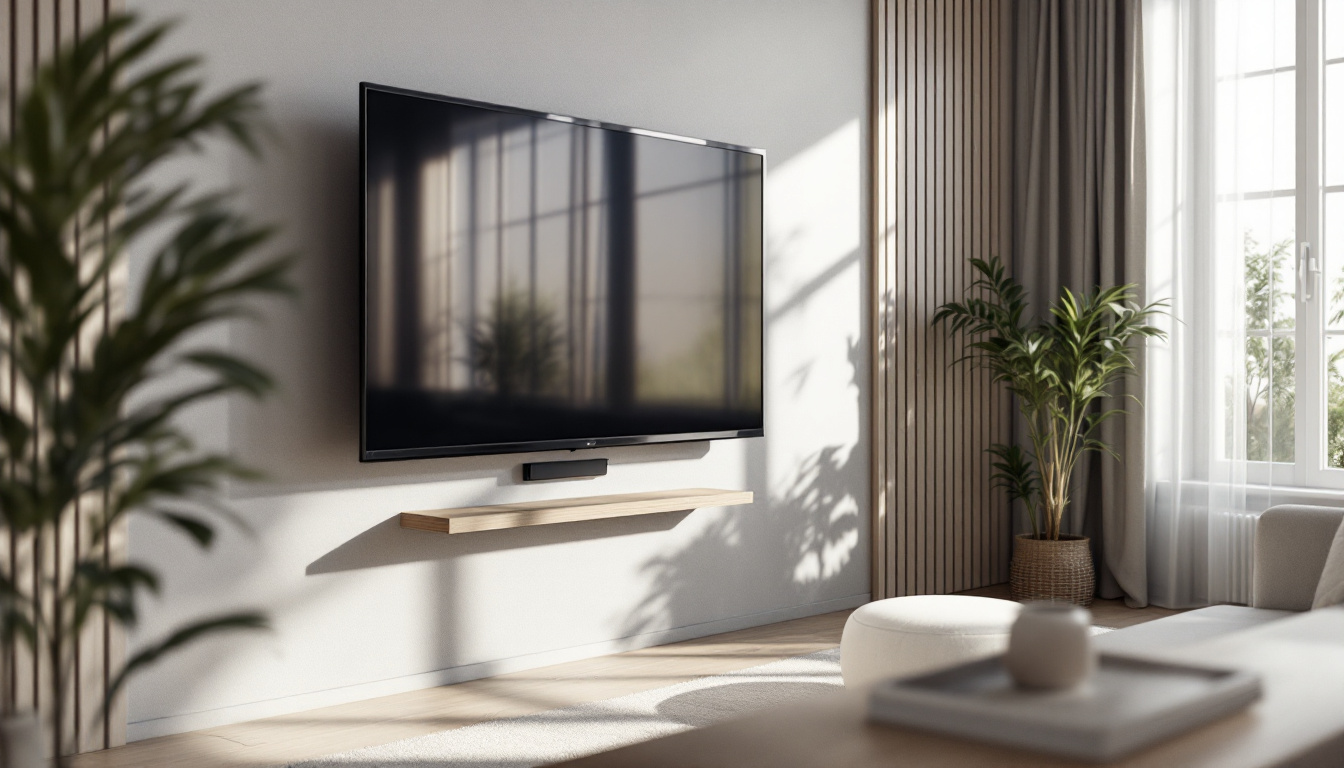 A photograph of a stylish living room featuring a 42-inch flat screen led tv securely mounted on the wall