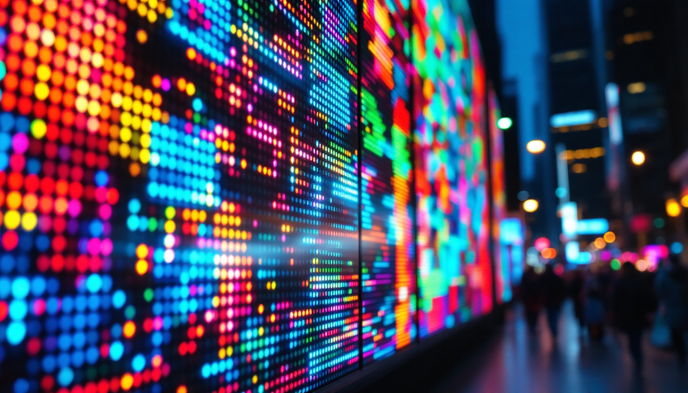 A photograph of a vibrant led display showcasing a dynamic array of colors and patterns