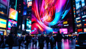 A photograph of a vibrant led display in a bustling urban setting