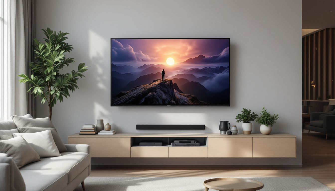 A photograph of capture a photograph of a modern living room showcasing a full motion tv wall mount with a sleek led display