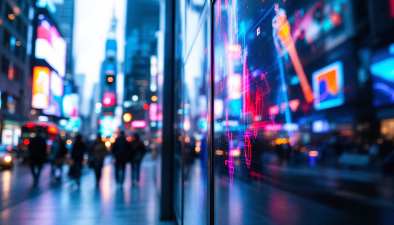 A photograph of a vibrant led display showcasing dynamic visuals in a bustling urban environment