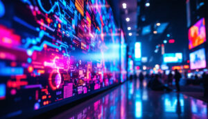 A photograph of a vibrant led display showcasing dynamic visuals and colors