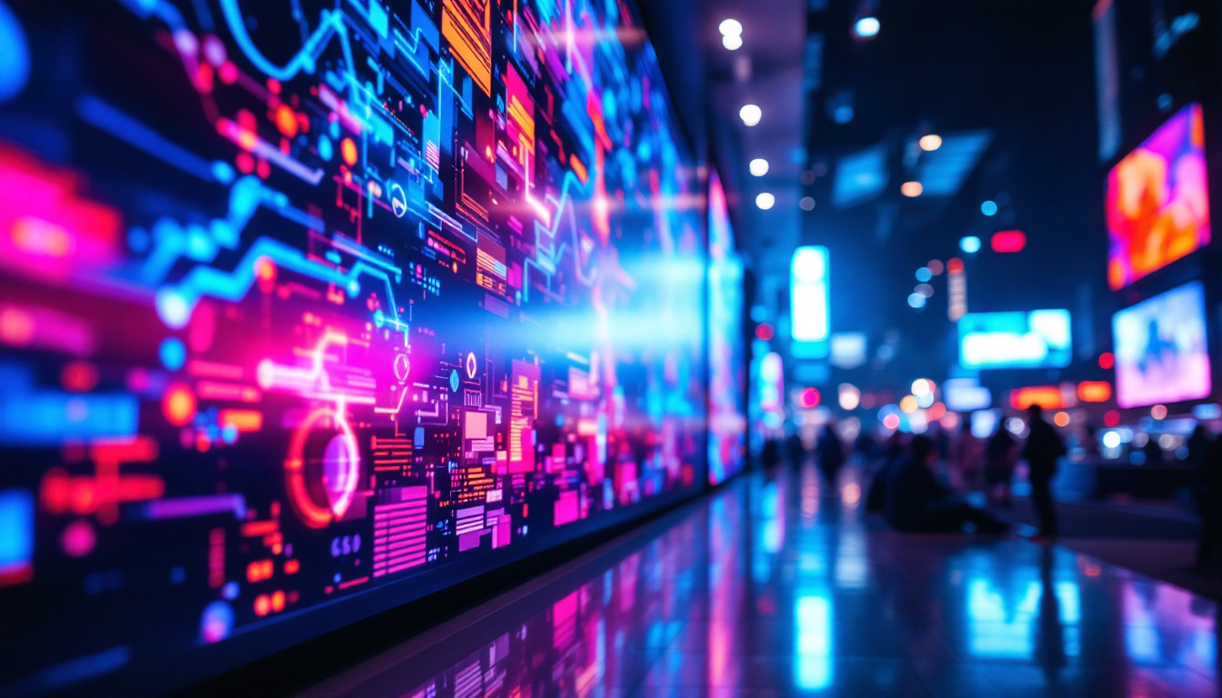 A photograph of a vibrant led display showcasing dynamic visuals and colors