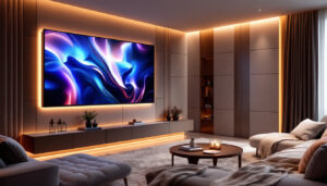 A photograph of a stylish home theater setup featuring wall panels with integrated led displays