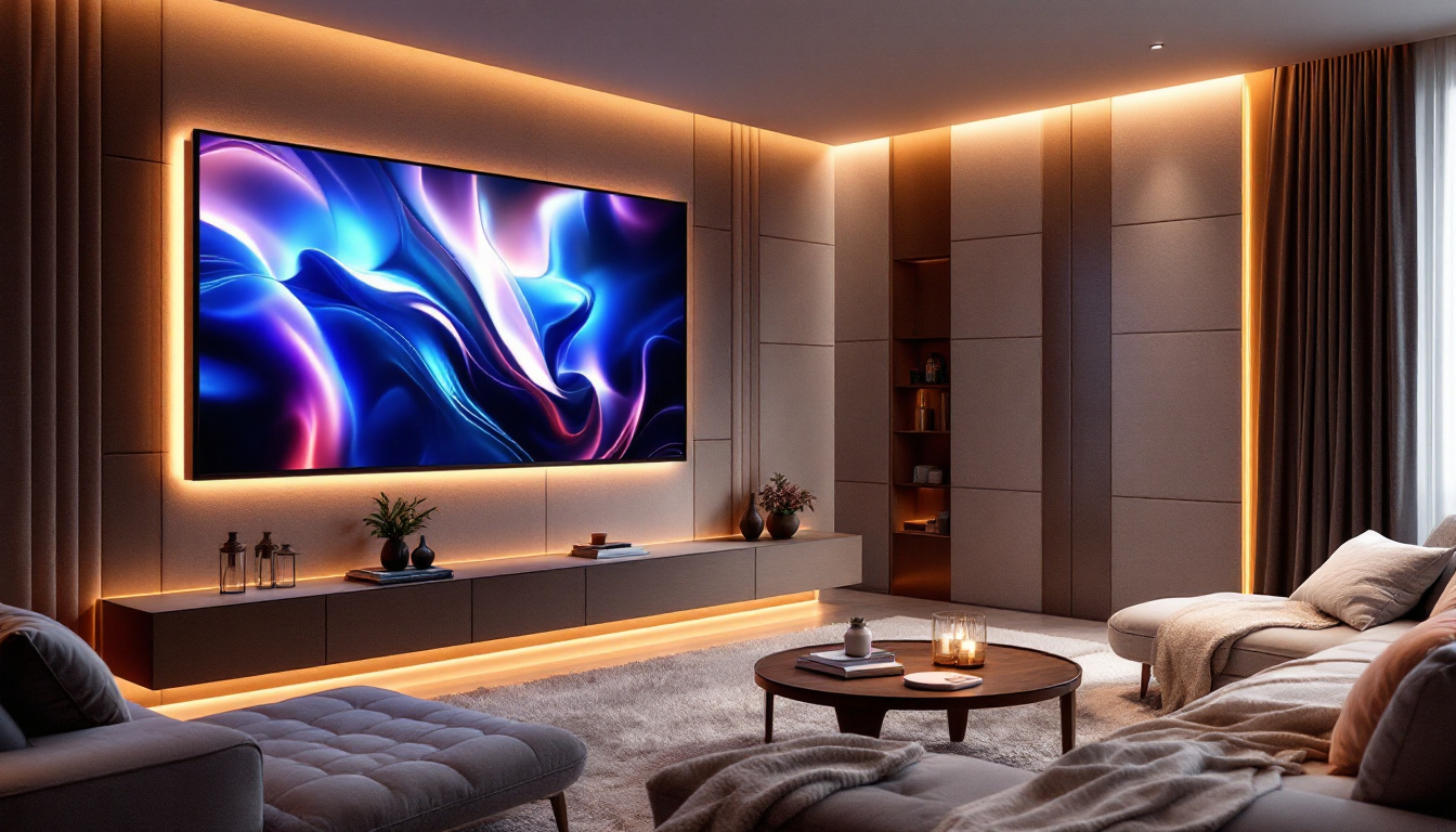 A photograph of a stylish home theater setup featuring wall panels with integrated led displays