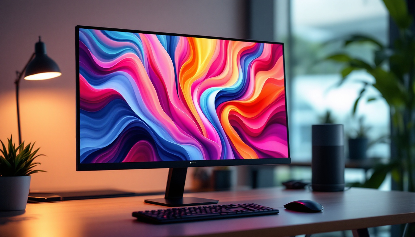 A photograph of a sleek led computer monitor displaying vibrant colors and sharp images