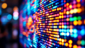 A photograph of a close-up view of an led display in action