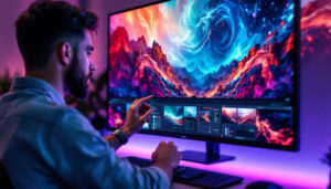 A photograph of a professional photographer editing images on a high-end 4k led display