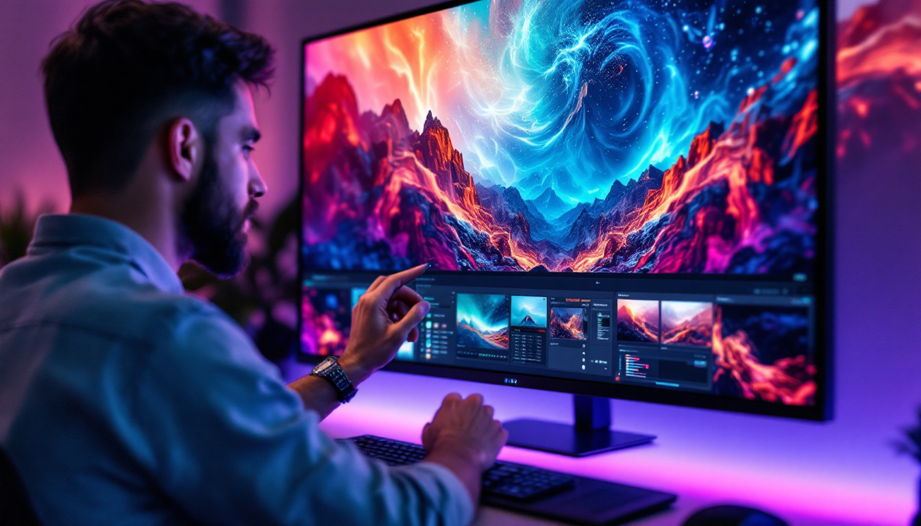 A photograph of a professional photographer editing images on a high-end 4k led display