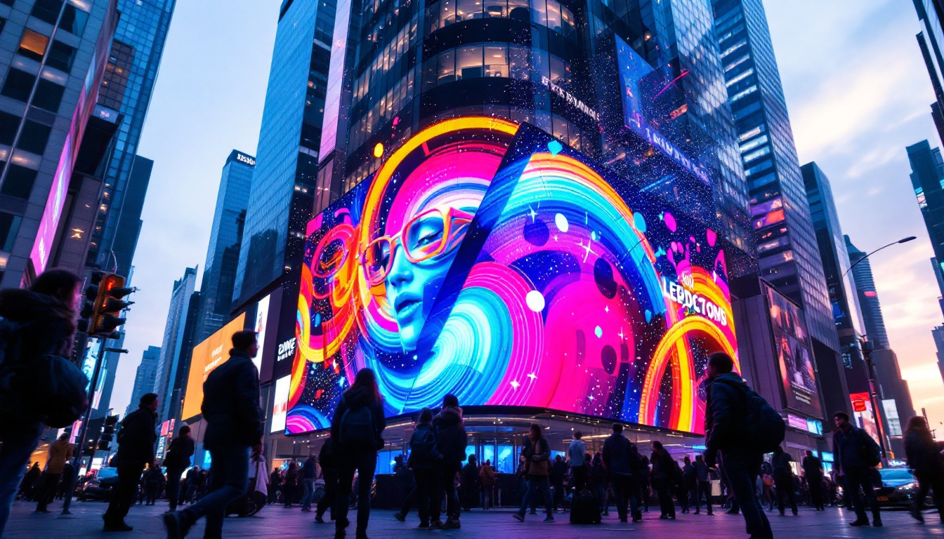 A photograph of a vibrant led display in an urban setting