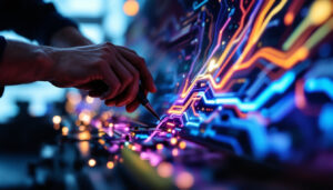 A photograph of a technician skillfully replacing an led monitor screen
