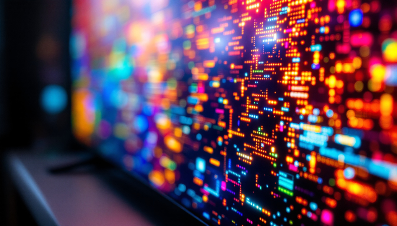 A photograph of a close-up view of an led television screen displaying vibrant colors and intricate pixel patterns