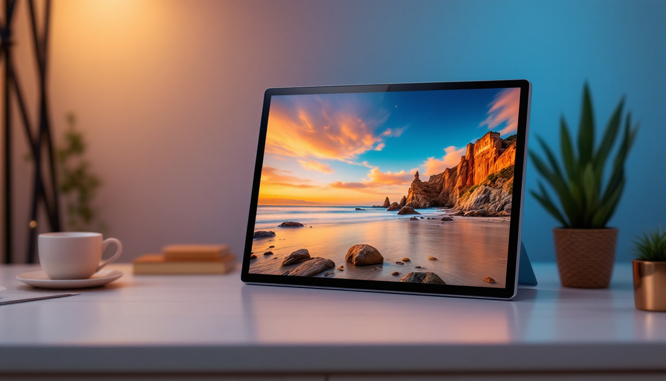 A photograph of a sleek touch screen digital picture frame displaying a vibrant