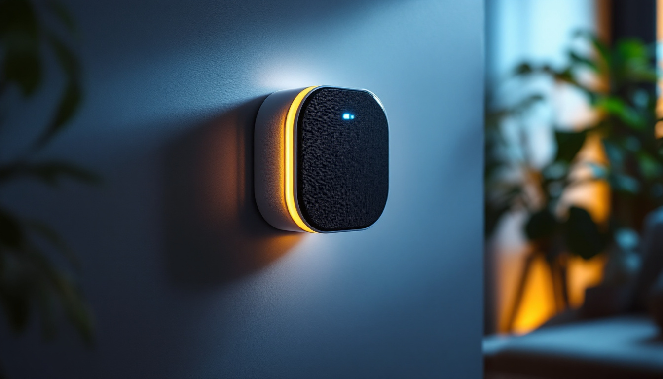 A photograph of a stylish wall-mounted speaker with an integrated led display