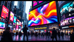 A photograph of a vibrant led display in a bustling urban environment