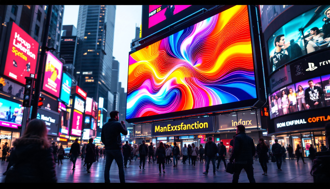 A photograph of a vibrant led display in a bustling urban environment
