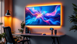 A photograph of a modern workspace featuring a sleek led display mounted on the wall