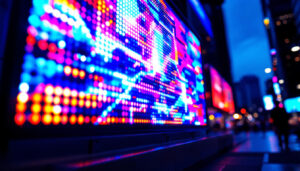 A photograph of a vibrant led display showcasing dynamic colors and patterns