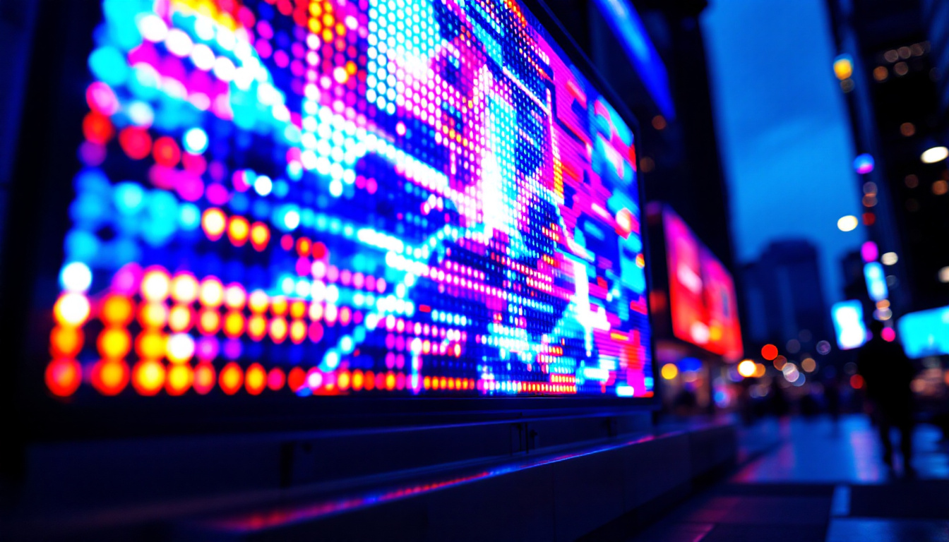 A photograph of a vibrant led display showcasing dynamic colors and patterns