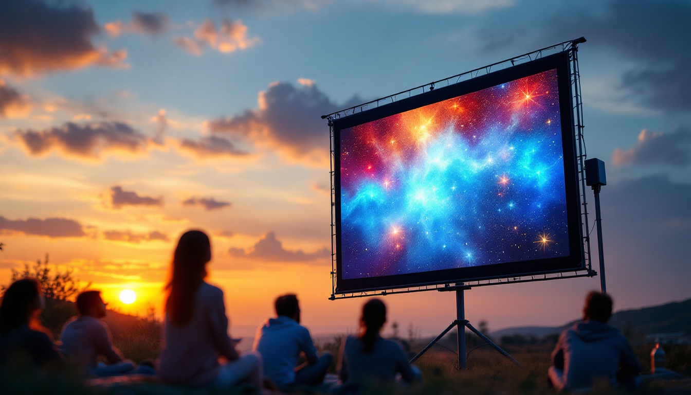 A photograph of a mobile projector screen set up outdoors during a sunset