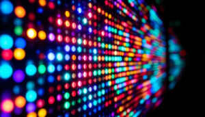 A photograph of a vibrant led display showcasing a variety of colors and patterns