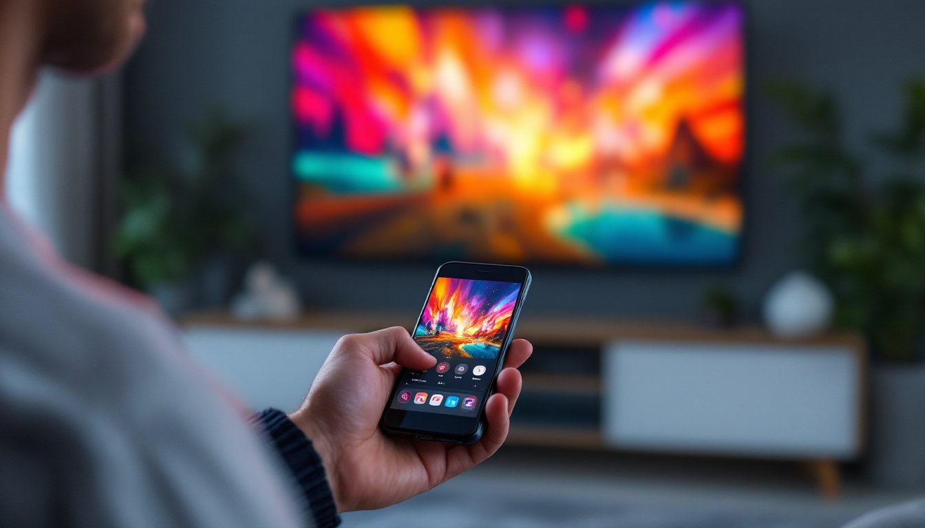 A photograph of a person using a remote control to connect their smartphone or laptop to a large led tv