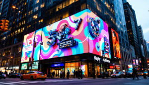 A photograph of capture a photograph of the vibrant led display at 599 11th ave in nyc