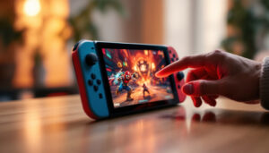 A photograph of a nintendo switch console displaying its vibrant led touchscreen interface