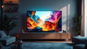 A photograph of a modern living room setup featuring a large led tv displaying vibrant colors and sharp images
