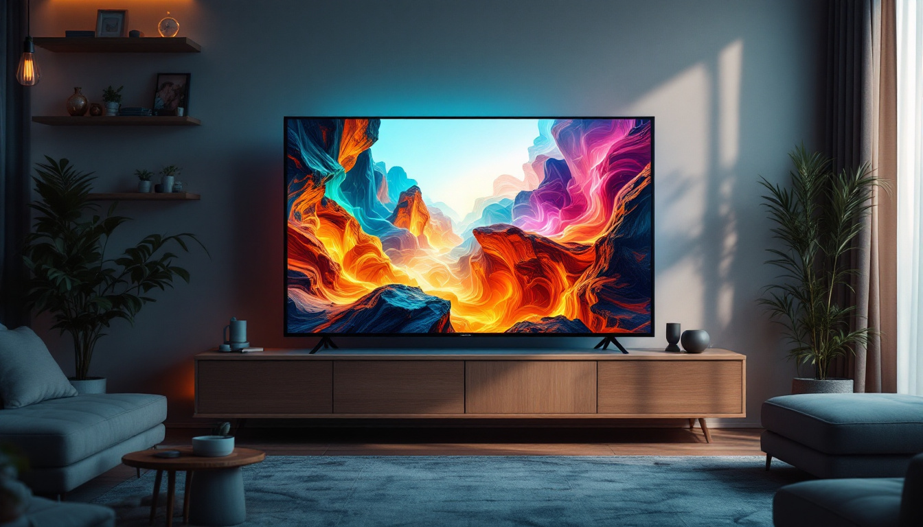 A photograph of a modern living room setup featuring a large led tv displaying vibrant colors and sharp images