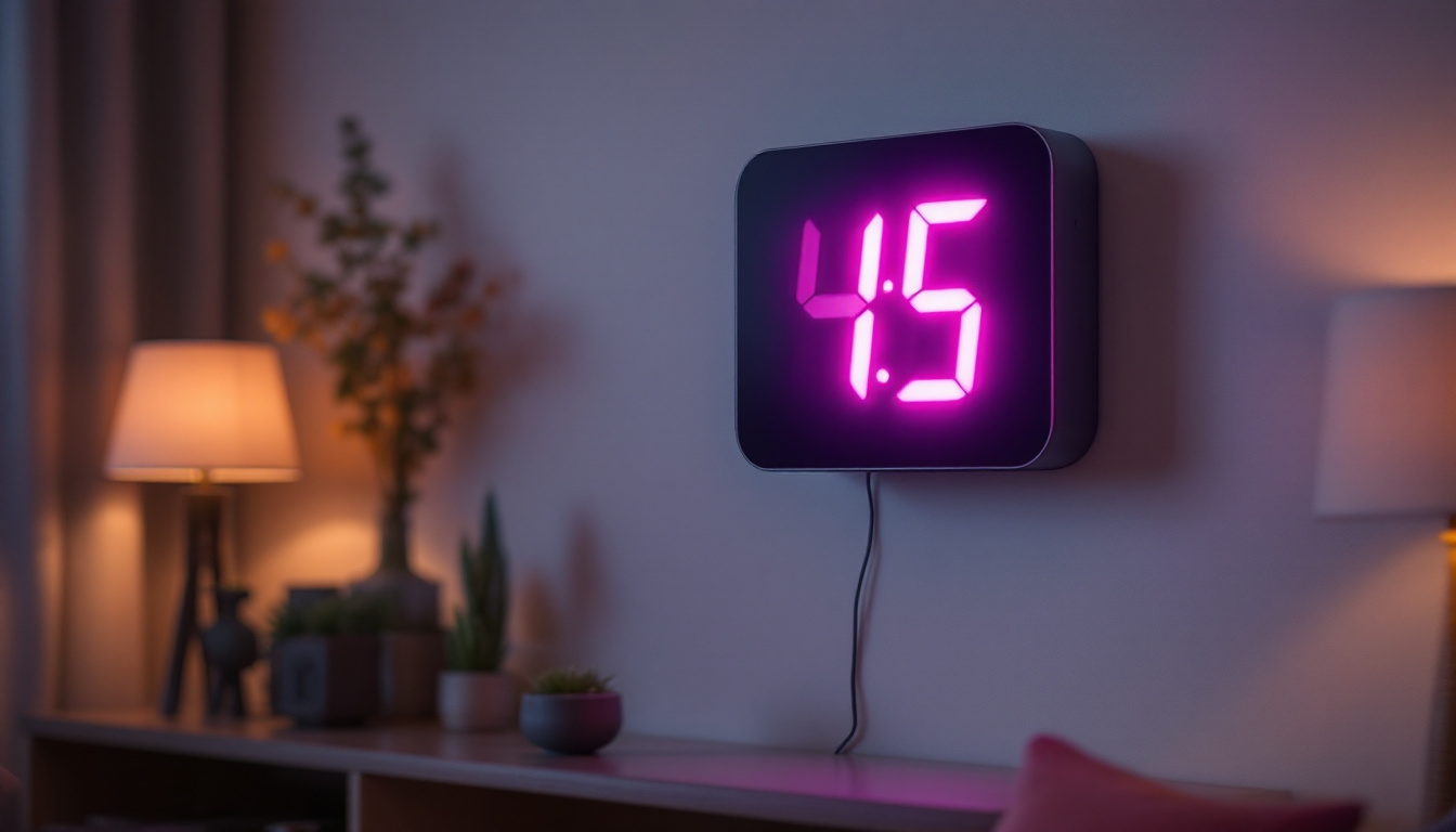 A photograph of a stylish projector wall clock displaying vibrant led numbers on a wall