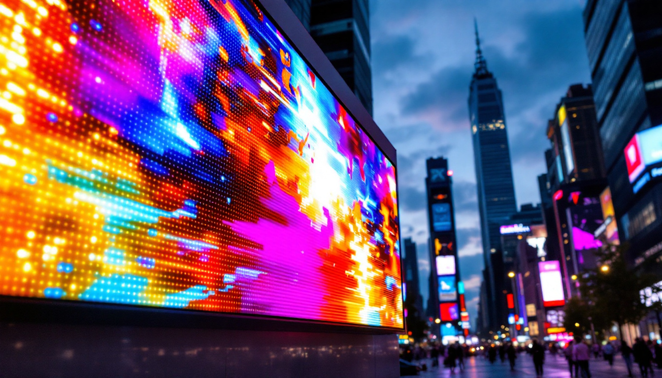 A photograph of a vibrant led display in an urban setting at dusk