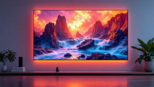 A photograph of a vibrant led display showcasing a stunning 4k video scene