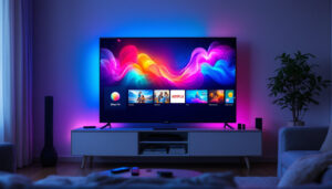 A photograph of a well-organized direct tv setup featuring a sleek led display