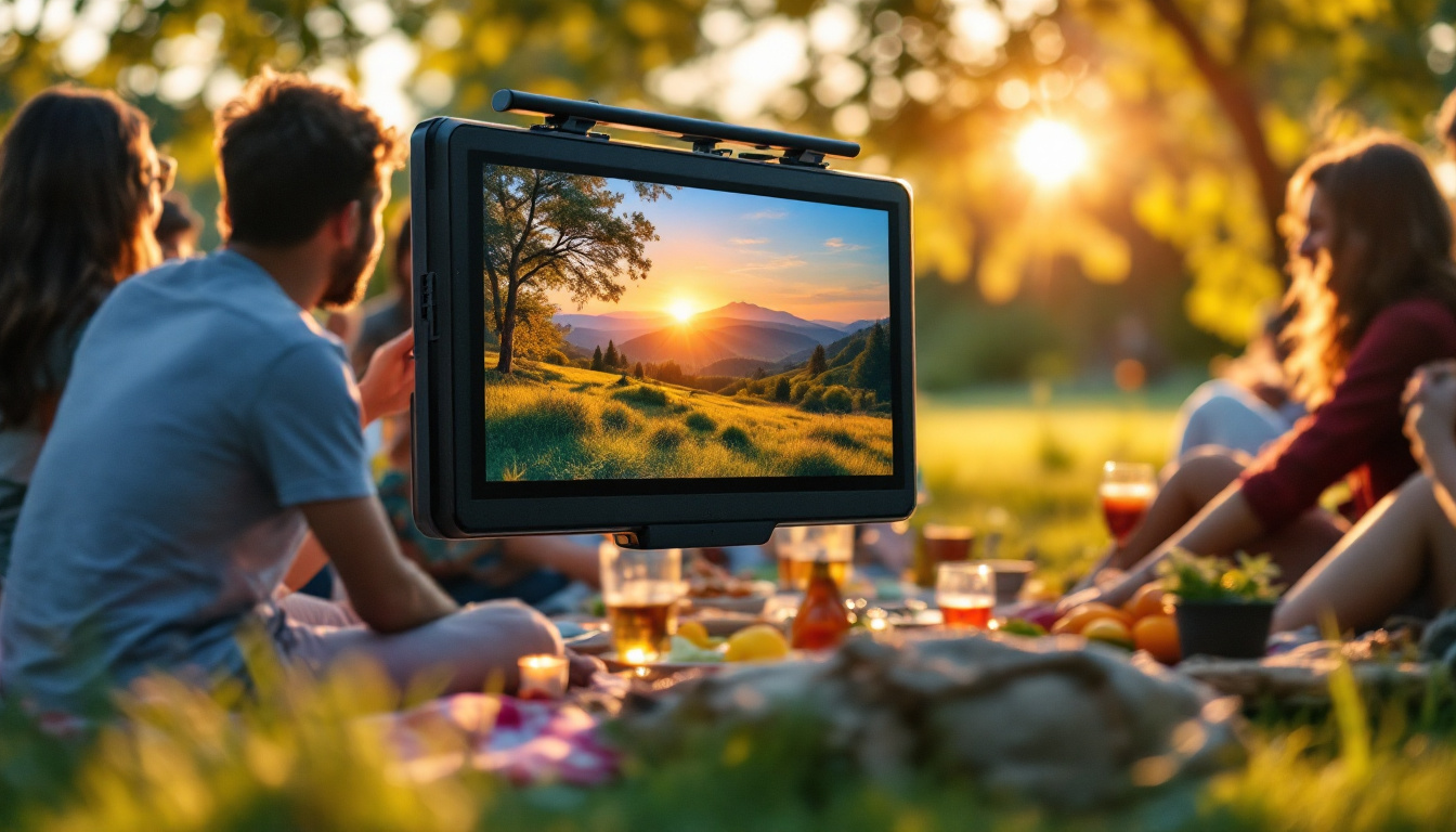 A photograph of a vibrant outdoor setting featuring a portable led tv in use