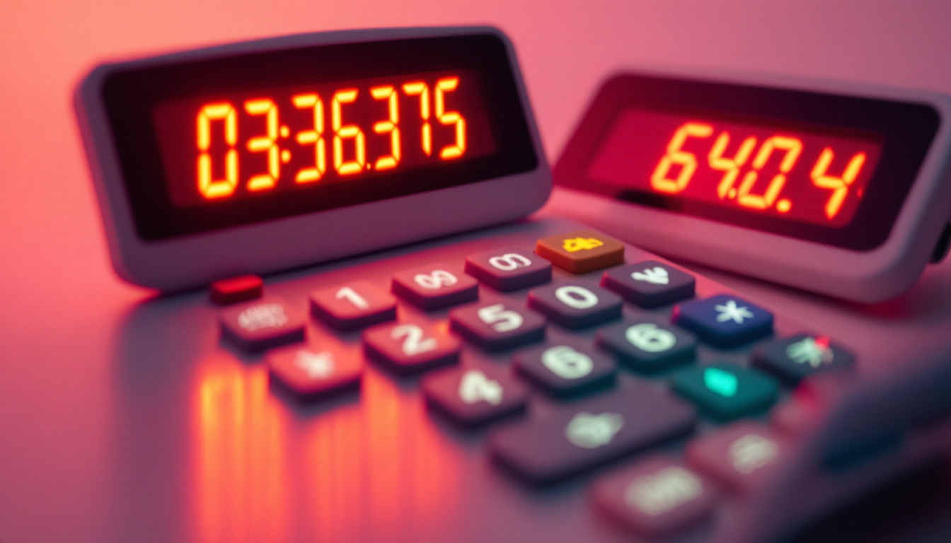 A photograph of a close-up shot of a modern led display calculator in use