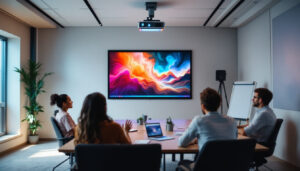A photograph of a modern conference room featuring an led projector in use