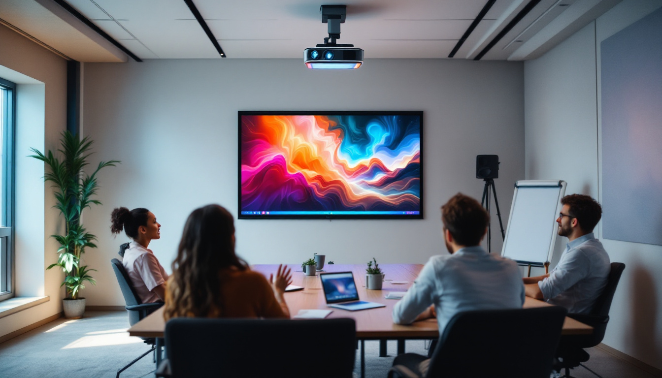 A photograph of a modern conference room featuring an led projector in use