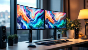 A photograph of capture a photograph of a sleek dual monitor computer stand in a modern workspace